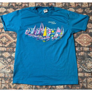 VTG 90s Galveston Island Neon Sailing Tee XL Texas Puffy Anvil Single Stich Rare